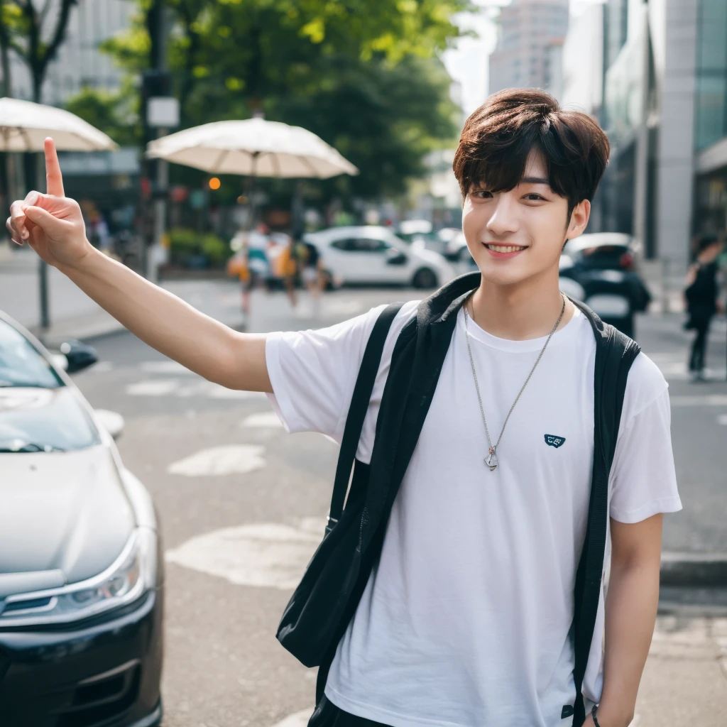((hyperdetail)), ((hyperrealistic)), ((hyperrealism)), Professional, Angle camera shooting from below, realistic, High level of detail, Full body photo of 25 years old Korean male, alone, just 1 man, one man, face like Jungkook BTS, nice hair like Jungkook BTS hair, nice eyes, wearing plain t-shirt, wearing sneakers, full body, fit body almost 75 kg bodyweight weight and 185 cm body height, fit body like gym trainer, not thin and not fat, cool pose hand, standing posing for a photo, chill on a city park, photogenic pose, smile pose, (random standing pose: 1.3) ,Natural light, (Attractive young man:1.3), (seductive:1.1), (blush:1.1), bacgkround at street near seoul district , shower of sunshine, hold a cup of coffee on hand, ((cool pose)), ((gentleman pose)), ((ISO 1600)), ((50mm lens)), ((wide shot)),