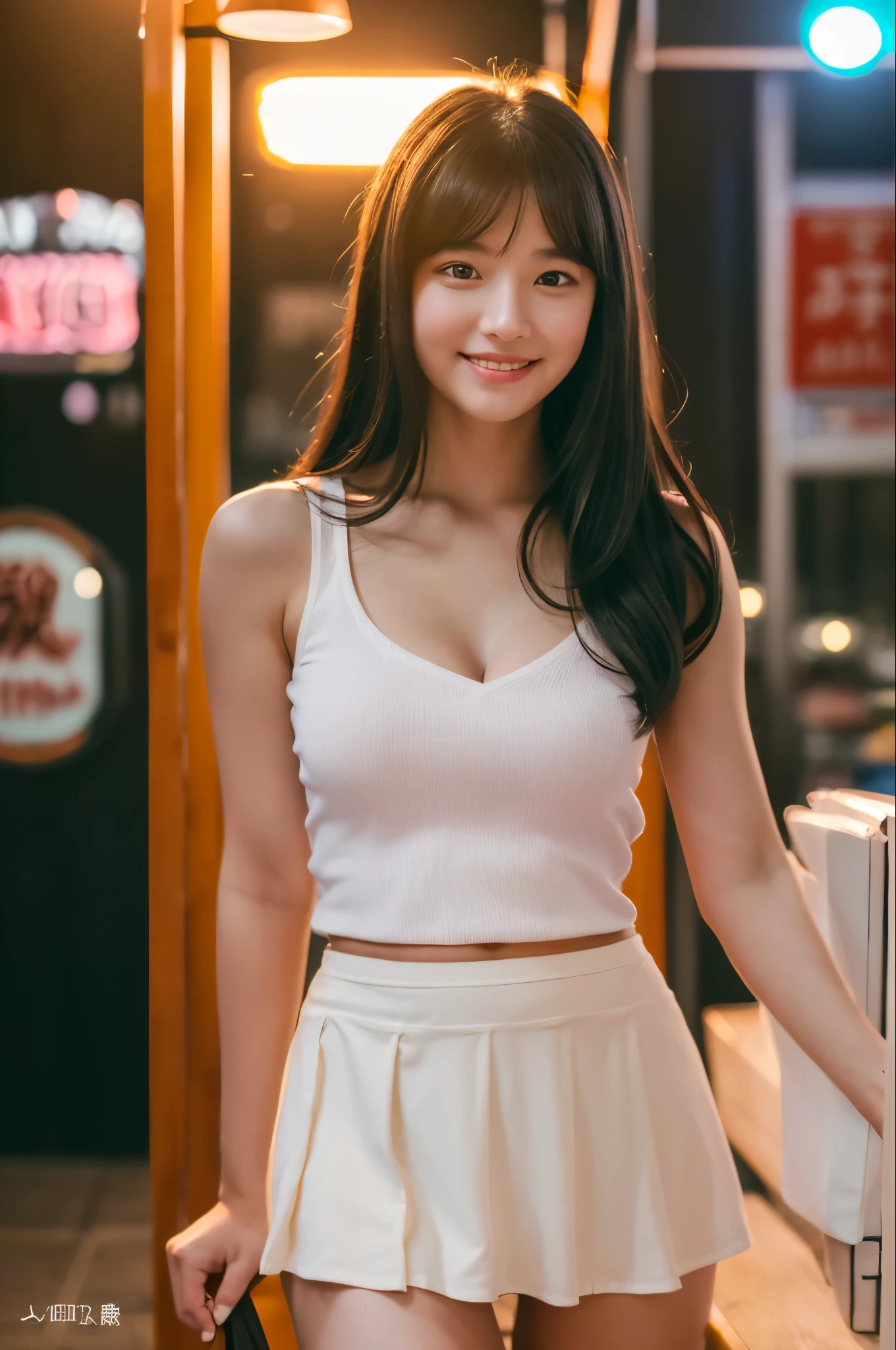 (((Roll up the skirt yourself)))、(((Lift your skirt yourself)))、(((Lifting her skirt to show her panties)))、A very cute face like an idol、Looks like a young face、20-year-old female、Gentle and cute、A kind smile、((In a blouse))、((Colored mini skirts))、(((White panties)))、(((whole bodyの姿)))、Cleavage、A crowded bar、Cinema lighting、Natural light、whole body、Artistic、RAW Photos、Genuine、High quality that is indistinguishable from real life、realism、Real Stick、High resolution、masterpiece