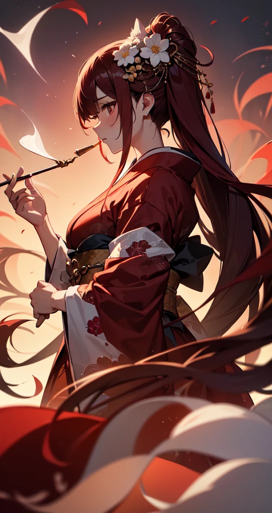 In a crimson background、A woman with long red hair is standing。She is wearing a traditional red kimono.、The kimono has intricate and beautiful patterns.。The woman is depicted in profile.、Elegant smoking pipe（Japanese Smoking Pipes）Has、Smoke drifts slowly。Her hair was decorated with gorgeous and elaborate flowers.、Delicate ornaments dangle from the ears.。The overall atmosphere is calm.、The rich, deep red colour is highlighted、It gives a mysterious and beautiful impression.。There is nothing drawn in the background、The whole thing is unified in red.、Feminine beauty and elegance are highlighted。