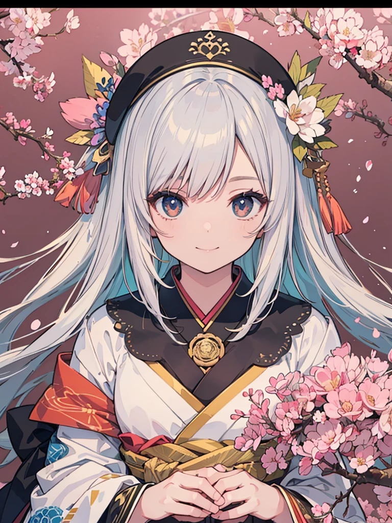 Official Art, wallpaper, Very detailed, (((Very detailedな目と顔))), shut your mouth, Warm smile,1 Girl,Arms hanging down,Half Body,Medium shot,masterpiece, best quality, Realistic Portraits, (Zendispute, Mandala, dispute, Endispute), kimono, Very detailed, Dynamic Angle, The most beautiful form of chaos, elegant, Brutalist design, Vibrant colors, Romantic cherry blossoms,Solid color background