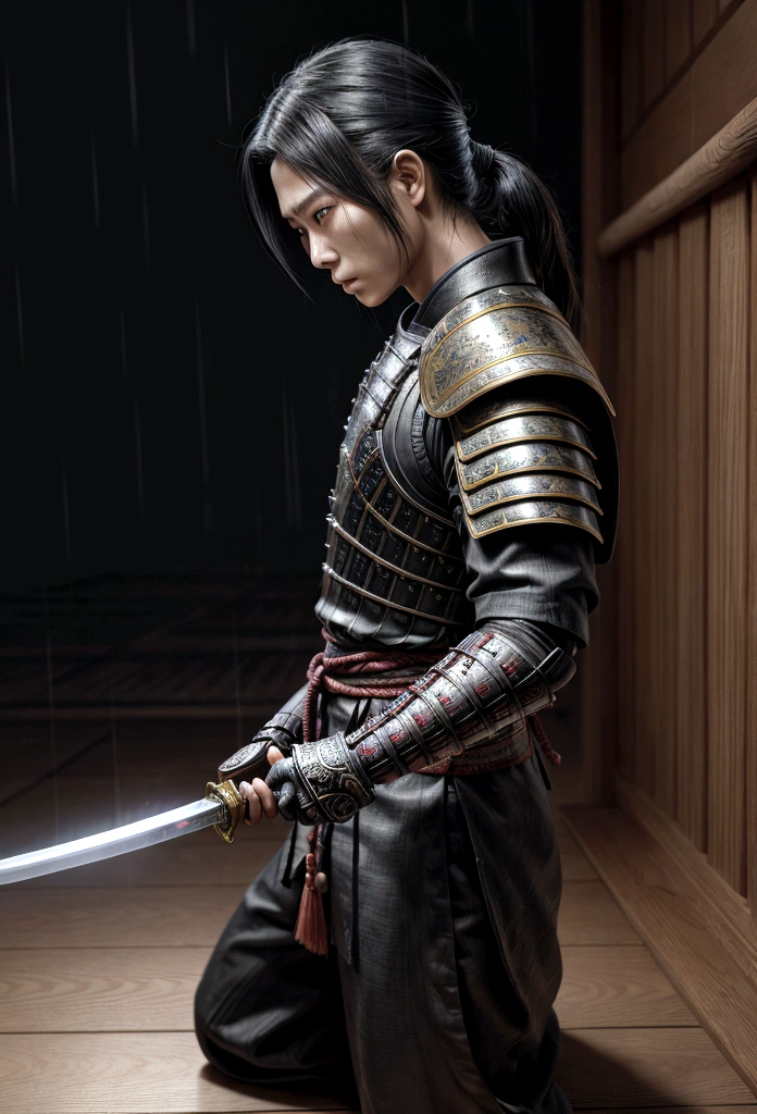 hyper realist, extremely detaild, intricate details, digital art of a Japanese warrior from the side , looking sad at the floor ,with light black clothes and holding only a sword in each hand pointed downwards on a sad rainy day, wide scene