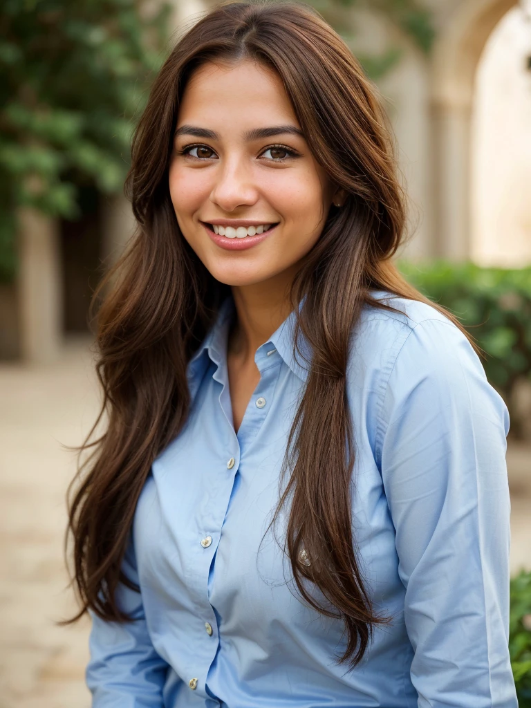 a photo-realistic portrait of a beautiful Palestinian woman with long brown hair, blue shirt, white teeth, and a cute smile, with highly detailed and realistic facial features, modest expression, and realistic white skin tone