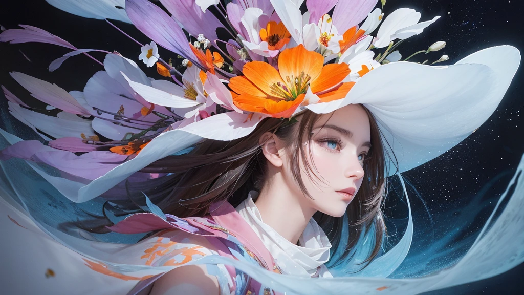 32k, Masterpiece, Highest quality, One girl, Detailed eyes, flower,Alstroemeria, White and orange style,A dreamy, romantic piece,Pale purple, Mysterious Leaves,A playful arrangement,Fantasy,High Contrast,Ink strokes,explosion,Exposure, Impression of white and orange tones,Abstract,((Watercolours by John Berkey and Jeremy Mann )) Brush strokes,Negative Space, Tyndall effect,