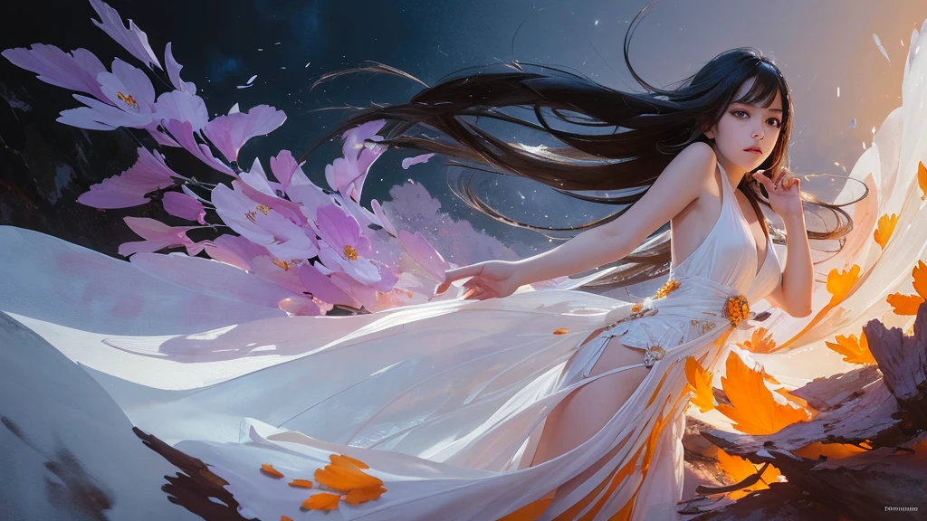 32k, Masterpiece, Highest quality, One girl, Detailed eyes, flower,Alstroemeria, White and orange style,A dreamy, romantic piece,Pale purple, Mysterious Leaves,A playful arrangement,Fantasy,High Contrast,Ink strokes,explosion,Exposure, Impression of white and orange tones,Abstract,((Watercolours by John Berkey and Jeremy Mann )) Brush strokes,Negative Space, Tyndall effect,