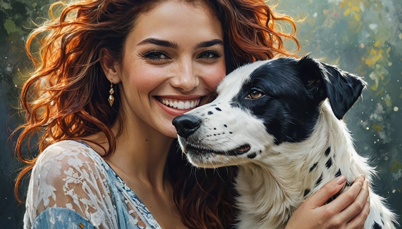 half body,
a woman smile with her best friend her dalmata,
dark complex background, style by Thomas Kinkade+David A. Hardy+Carne Griffiths+Mandy Disher half vivid colors fine art, best quality, high detailed, detailed faces, 2d,