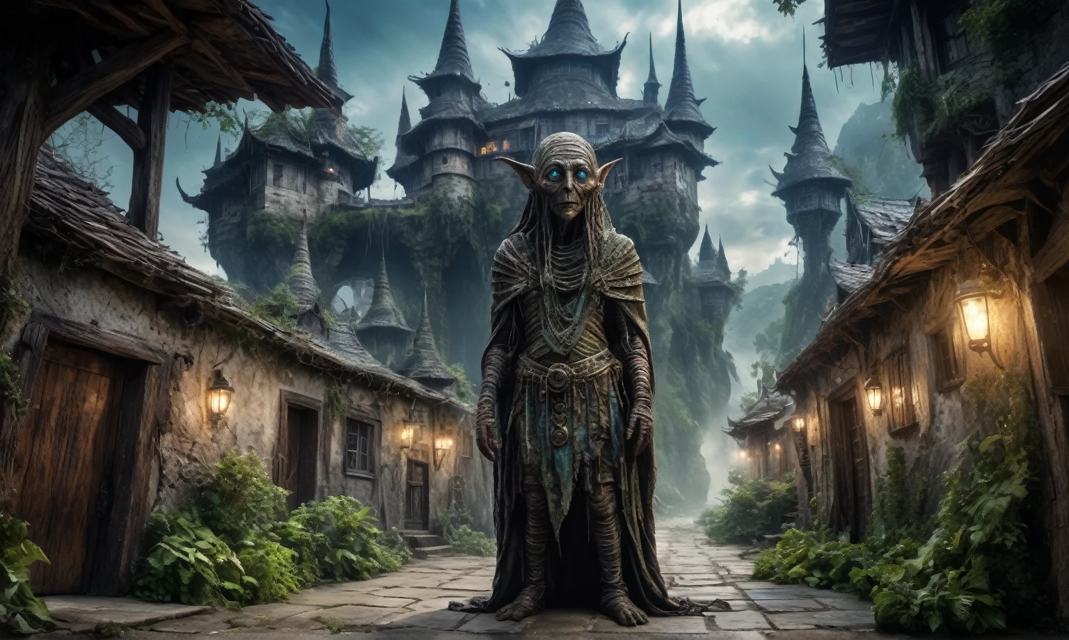 full body length shot,very beggar niobium mummy of Alien Entity,native german half-Puck, wants eat,survival,Medieval fairyland, Medieval castle ,Cinematic,soft colors, Technicolor,natural skin textures, hyper realism, hyper detailed,Extremely detailed,High contrast,Masterpiece,Realistic,Ultra Detailed, intricate details,realistic humid leather,extremly intricate,Epic Realistic, cinematic style, irina yermolova,high contrast,hdr,extremely detailed, deep night landscape,masterpiece, intricate details, eyes extremely detailed, high detailed eyes,8k resolution,retina, Nikon Z9,Norsemade,Li River seaside, Elf,transition between two art styles, Double contact, X-ray, Creative, vivid light, fantasy Abstract, Surrealism, super detailed, high resolution, traps against fairies between houses in air,insanity wear,portal,magic