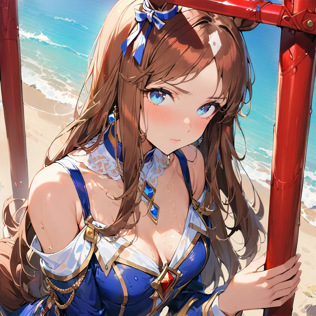 ((16k, highest quality, master piece: 1.2, super detailed, super high resolution, super detailed)),  1 girl, Glass Wonder \(umamusume\), Chestnut Hair, Part of the forelock is white, Long Hair, straight hair, Blue ribbon earrings, red line, one girl, animal ears, horse tail, Blue Eyes, fashionable, elegance, charming, , stunning, charming , lovely, charming, cute, beautiful detailed face, beautiful detailed eyes, soft expression, slim Beautiful figure, curvaceous, Small , slender arms, graceful hands, delicate fingers, slim wrists, elegant neck,  shoulders, smooth skin, Seaside, sandy beach, Outdoors, blue sky,(White and Blue and red lines one-piece , drenched, Wet skin)), A little angry.