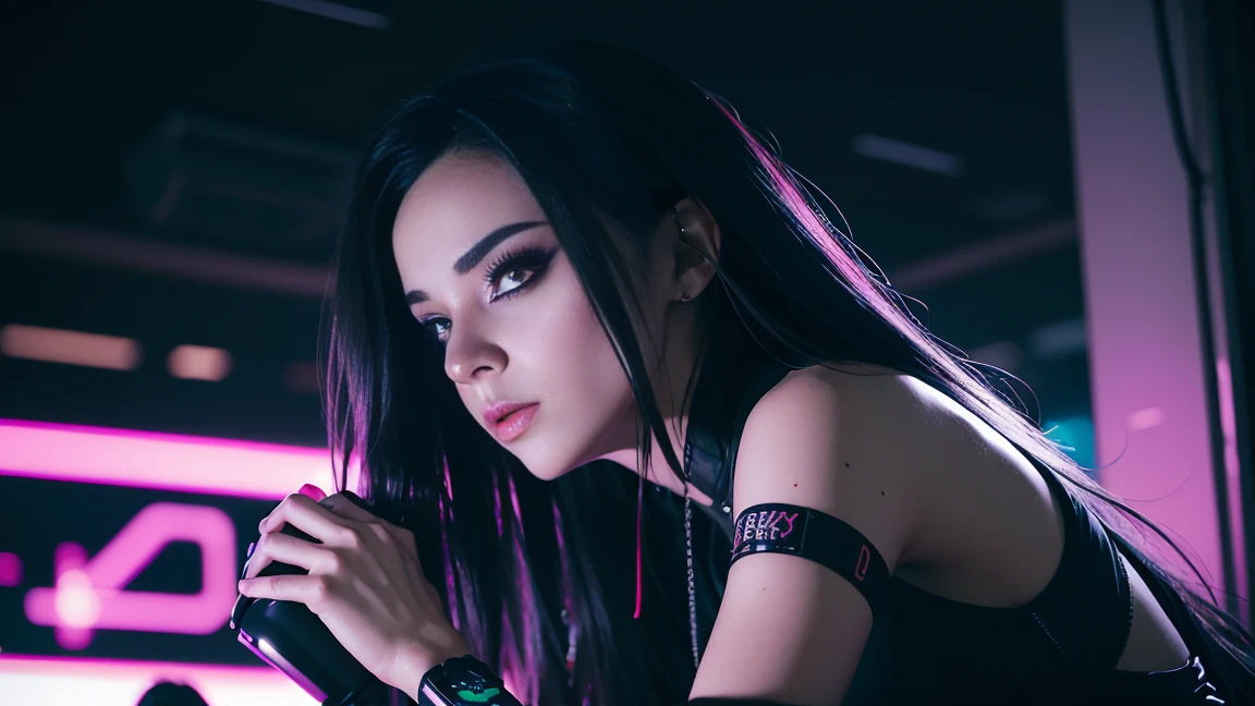 arafed woman in a black top and black shorts playing a DJ, cyber punk setting, cyberpunk vibe, cyberpunk vibes, in cyberpunk style, cyberpunk 2 0 y. o model girl, cyberpunk girl, dreamy cyberpunk girl, cyberpunk beautiful girl, cyberpunk with neon lighting, cyberpunk art style, cyberpunk photo, cyberpunk anime girl, beautiful cyberpunk woman model, female cyberpunk anime girl