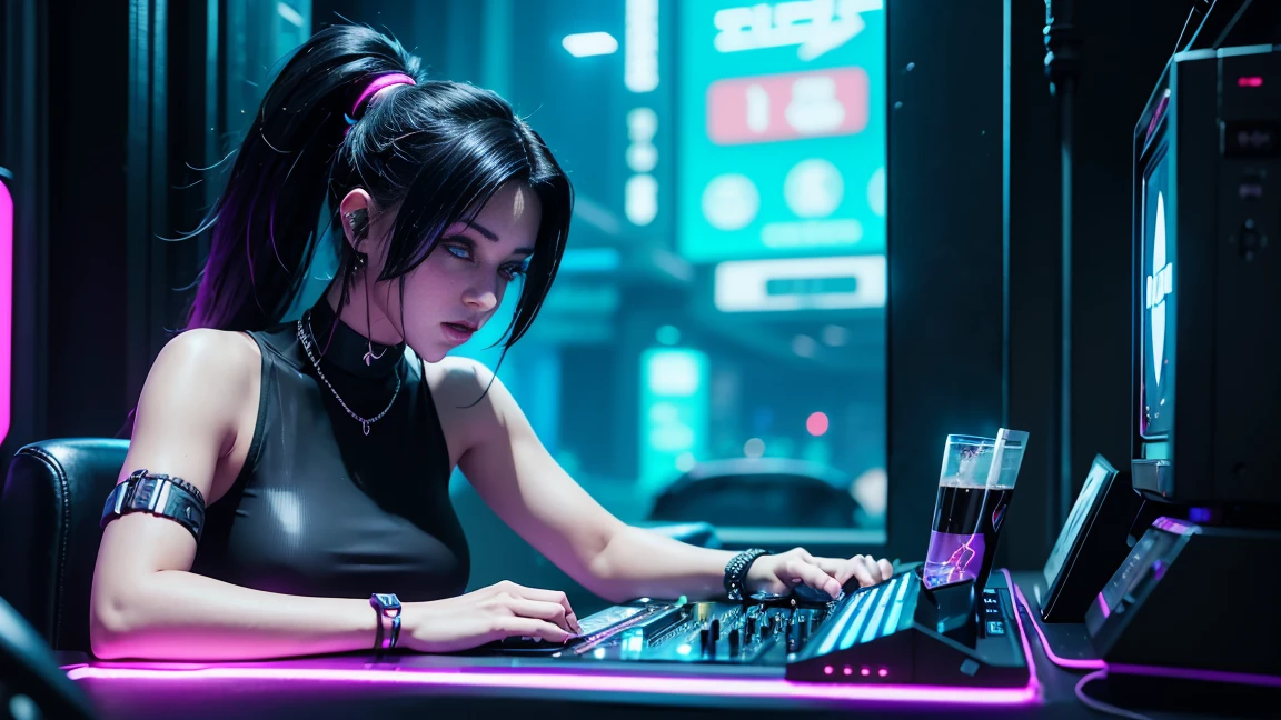 arafed woman in a black top and black shorts playing a DJ, cyber punk setting, cyberpunk vibe, cyberpunk vibes, in cyberpunk style, cyberpunk 2 0 y. o model girl, cyberpunk girl, dreamy cyberpunk girl, cyberpunk beautiful girl, cyberpunk with neon lighting, cyberpunk art style, cyberpunk photo, cyberpunk anime girl, beautiful cyberpunk woman model, female cyberpunk anime girl