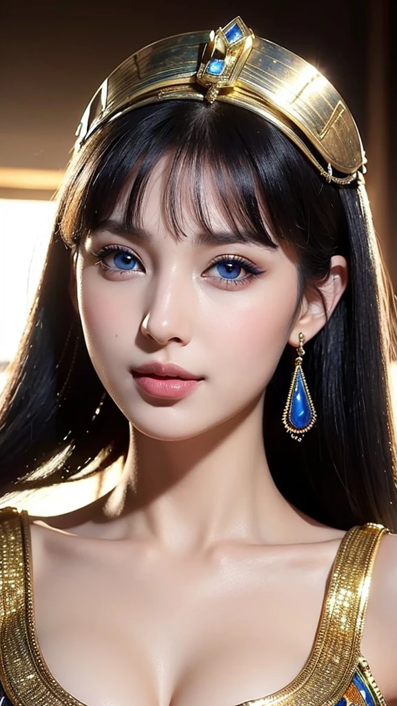  of Egypt blue eyes evil face she is beautiful she has  Egyptian accessories on her face white skin rosy nose short black hair hand on her mouth looks  she has a dark look perfect smile she has dark eyes and perfect fingers she the sun shining on one side of the face and shadow on the other side of the face