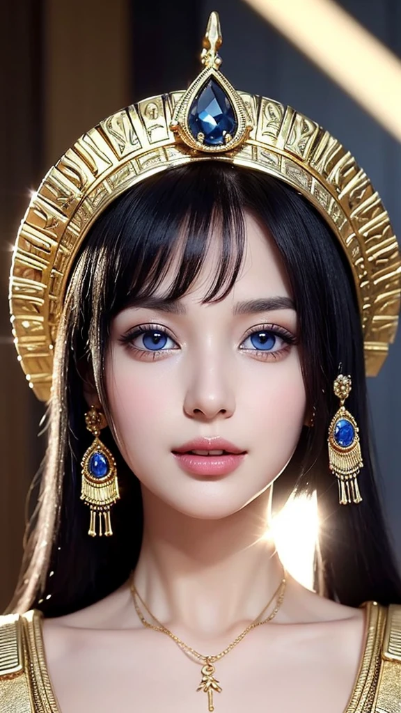 Cleopatra of Egypt blue eyes evil face she is beautiful she has big breasts Egyptian accessories on her face white skin rosy nose short black hair hand on her mouth looks sexy she has a dark look perfect smile she has dark eyes and perfect fingers she the sun shining on one side of the face and shadow on the other side of the face