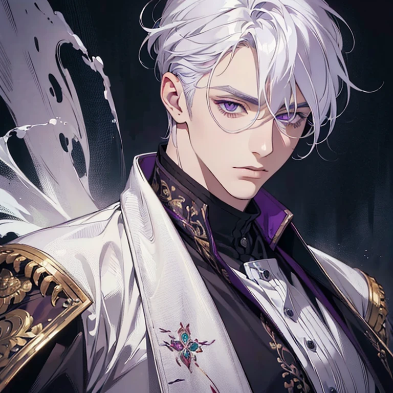 "(best quality,ultra-detailed,realistic:1.37),Medium,portrait,purple eyes,white hair,Man with medium hair,Fine painting style,Detailed facial features,attractive male appearance"