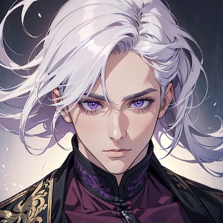 "(best quality,ultra-detailed,realistic:1.37),Medium,portrait,purple eyes,white hair,Man with medium hair,Fine painting style,Detailed facial features,attractive male appearance"