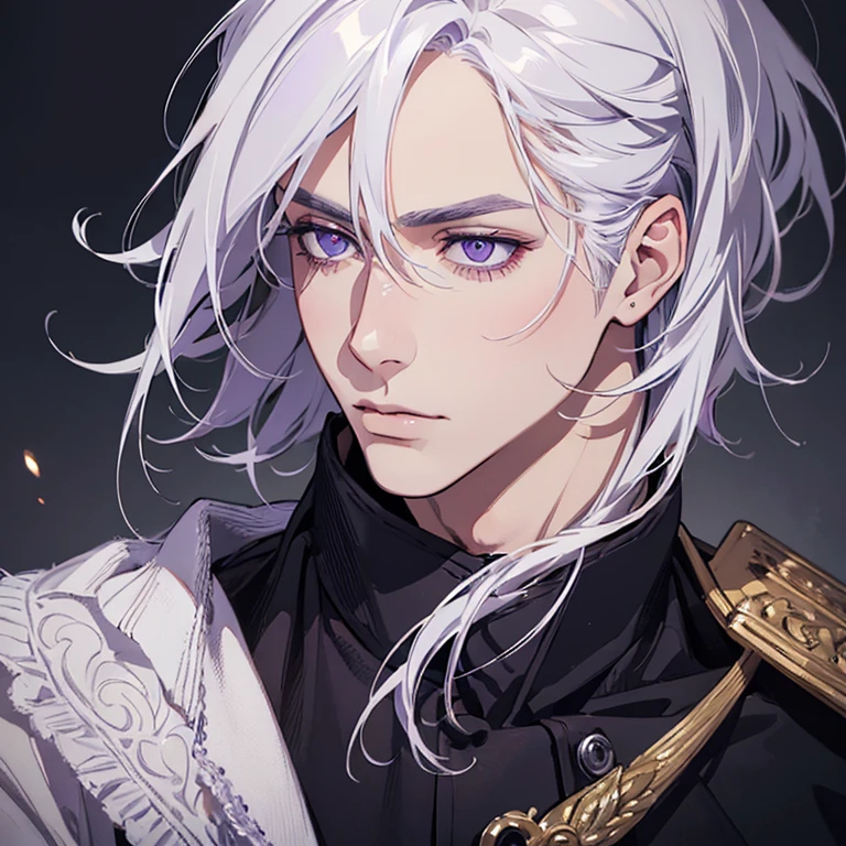 "(best quality,ultra-detailed,realistic:1.37),Medium,portrait,purple eyes,white hair,Man with medium hair,Fine painting style,Detailed facial features,attractive male appearance"