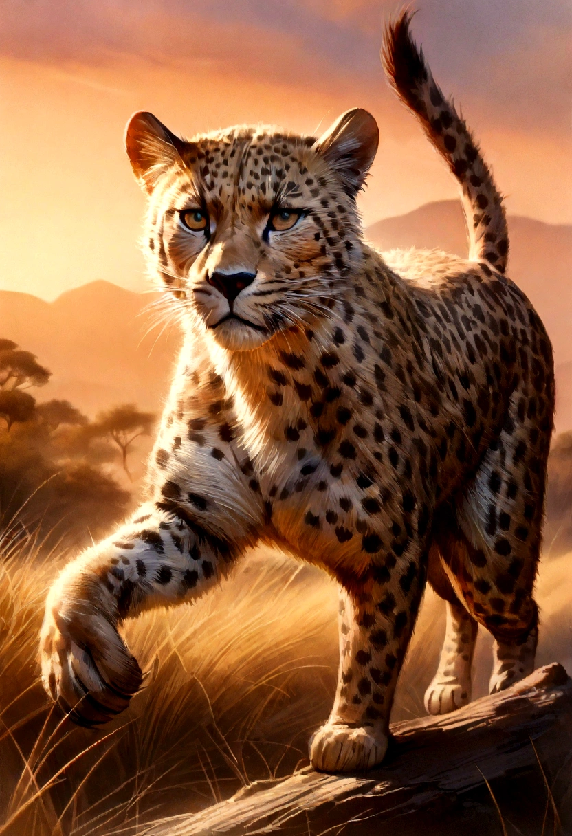 (best quality,4k,8k,highres,masterpiece:1.2),ultra-detailed,(realistic,photorealistic,photo-realistic:1.37),cheetah in the wild,wildlife,beautiful detailed fur,graceful movement,leaping into action,sharp focus,endangered species,natural habitat,african savannah,roaming freely,hunting instinct,strong and powerful,speed and agility,striking spots,blurred motion background,stunning sunset lighting,vivid colors,bokeh