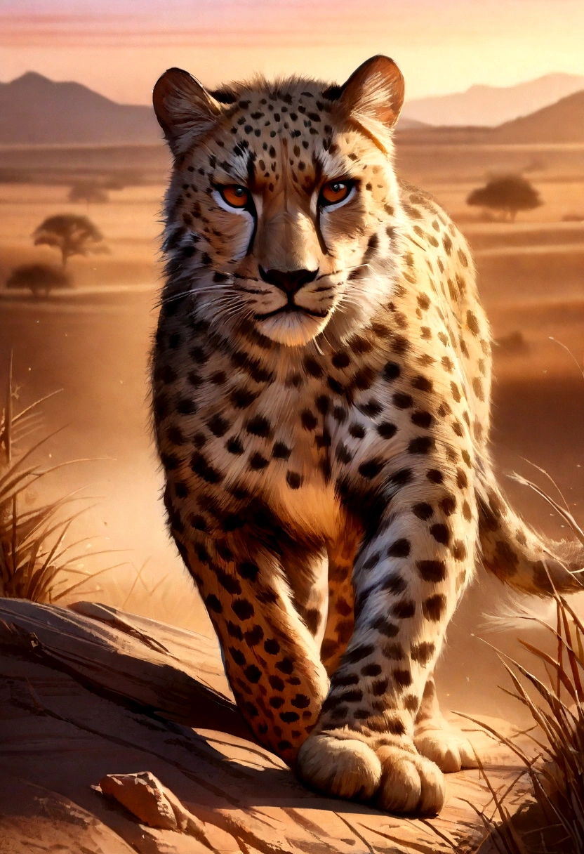 (best quality,4k,8k,highres,masterpiece:1.2),ultra-detailed,(realistic,photorealistic,photo-realistic:1.37),cheetah in the wild,wildlife,beautiful detailed fur,graceful movement,leaping into action,sharp focus,endangered species,natural habitat,african savannah,roaming freely,hunting instinct,strong and powerful,speed and agility,striking spots,blurred motion background,stunning sunset lighting,vivid colors,bokeh