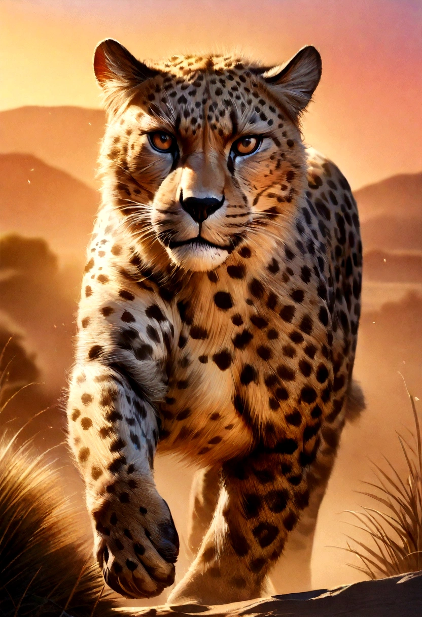 (best quality,4k,8k,highres,masterpiece:1.2),ultra-detailed,(realistic,photorealistic,photo-realistic:1.37),cheetah in the wild,wildlife,beautiful detailed fur,graceful movement,leaping into action,sharp focus,endangered species,natural habitat,african savannah,roaming freely,hunting instinct,strong and powerful,speed and agility,striking spots,blurred motion background,stunning sunset lighting,vivid colors,bokeh