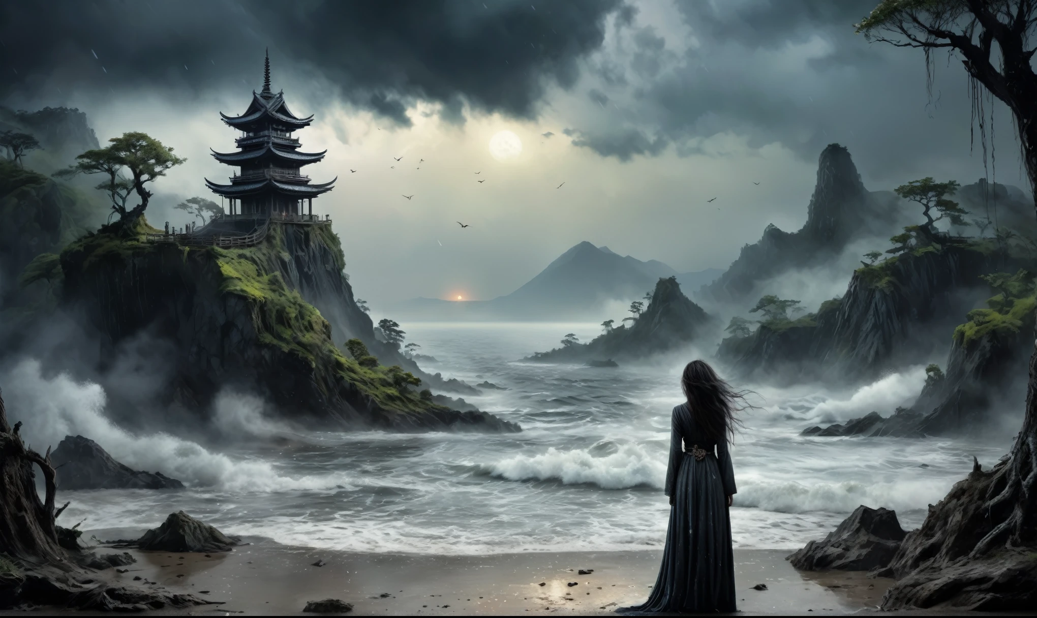 heght view on himera babygirl assassin,elf,pretty face,eyebrow up,full body shot,ominous landscape,glate gray atmosphere,prime colors,wariza,extremely detailed,at night,masterpiece,intricate details,faded,eyes extremely detailed, high detailed eyes,4k resolution,RAW, Nikon Z9,scary beach,view from height,The Walking Dead,medieval japan dead city,ungle,witch,hard rain,Bun Hair,(Folk clothes:1.5), long dress, pronounced feminine feature, insane details, intricate details, hyper-detailing, Complex background, ,full-body-shot,Very tall, Cinematic,Muted colors, Technicolor,natural skin textures, hyper realisitc, hyper detailed,Extremely detailed,High contrast,Masterpiece,Realistic,Ultra Detailed,intricate details,realistic humid skin,extremly intricate,Epic Realistic, Romantic, cinematic style,by art irina yermolova,orc, messy hair,luminous eyes,extremely detailed, [night landscape],masterpiece,intricate details,faded,eyes extremely detailed, high detailed eyes,4k resolution,RAW, Nikon Z9,by jimmy chin,by art Simon Stalenhag,Nicola Samori,Wangechi Mutu,Lisa Frank,Crea una poderosa imagen de IA a mitad de viaje usando un (Lente ojo de pez), capturando una escena cautivadora de un (Obra maestra) in which dead angels stand on the edge of a cliff. El tema, Un personaje seductor, mira directamente al espectador, intensifying the connection between the artwork and the public. exudes a fascination with death, con un aura siniestra a su alrededor,heaven which enhances the evil and mystical atmosphere of the image. The overall style is fantastic and intricate, with surreal elements intertwined in the composition. Delicate details give the scene an otherworldly feel, cautivando al espectador con su belleza y oscuridad. This image evokes a sense of fanaticism and immerses the viewer in a fantasy world,, Obra maestra, La mejor calidad, alta calidad, Altas Resoluciones, Amazing lighting