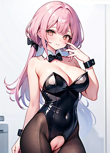 One Girl,, Crotch cutout, No crotch, , Pussy,alone ,, Large Breasts, blush, Black leotard, Bare arms, Wrist cuff, bow tie, Strapless, Cleavage,