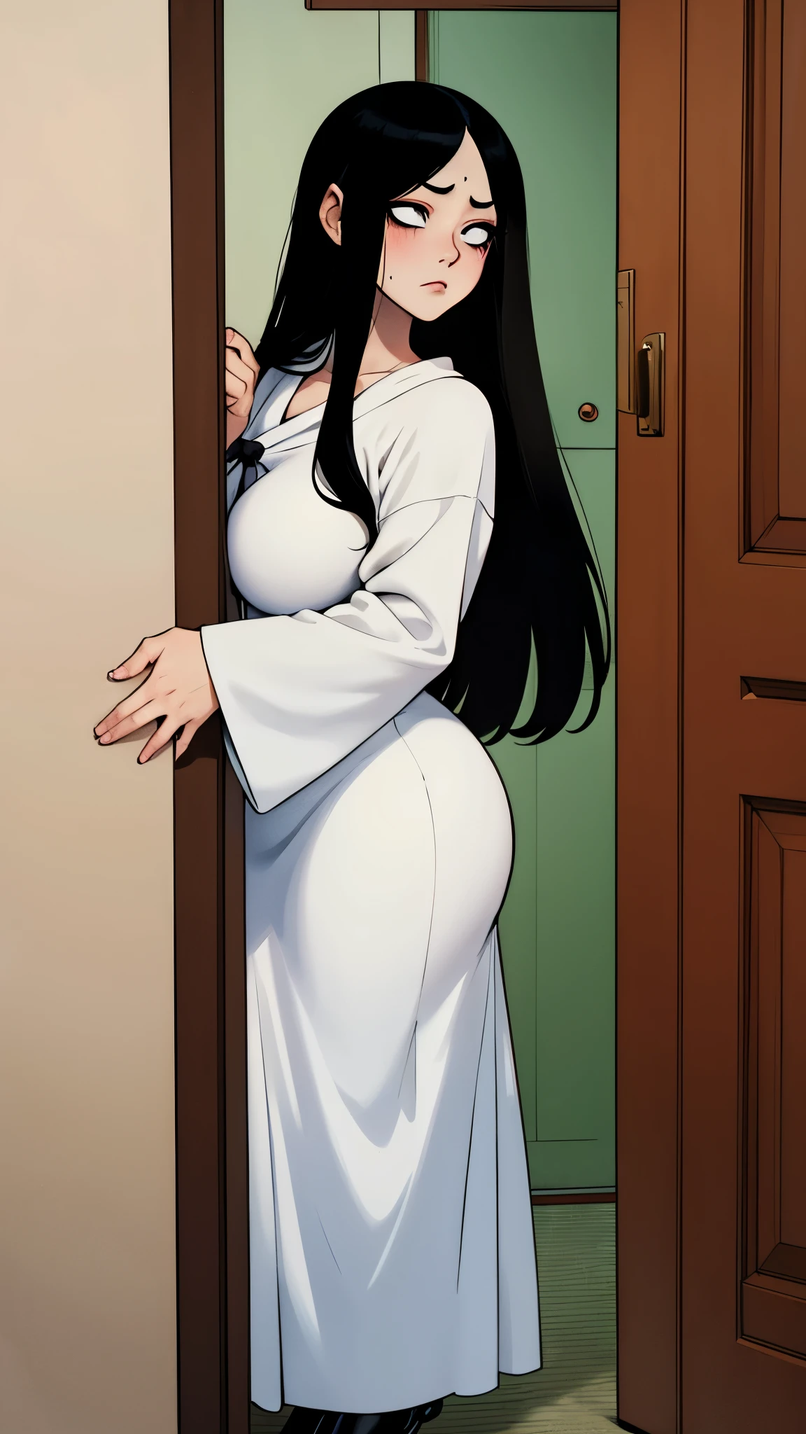 Sadako looking behind a door from a Dark ropm, half-closed door, you-on, curvy, horror, dark room, Dark, dark, fear, thriller