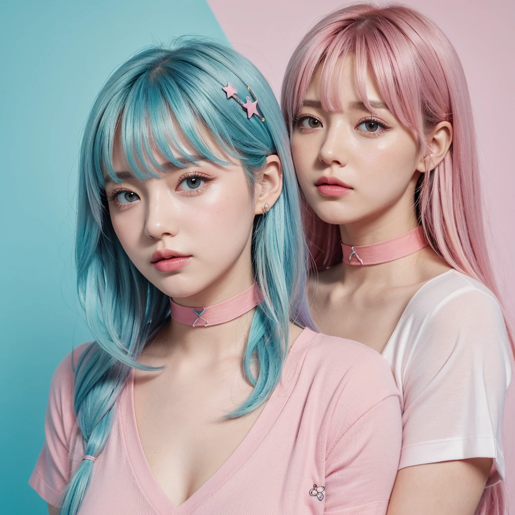 , (), cute, eyelashes, pastel,1girl, solo, long hair, looking at viewer, blush, simple background, shirt, hair ornament, collarbone, upper body, heart, parted lips, choker, star (symbol), symbol-shaped pupils, aqua hair, heart-shaped pupils, pink background, pink shirt, star hair ornament, multicolored eyes, food-themed hair ornament, colorful, multicolored shirt, pastel colors,