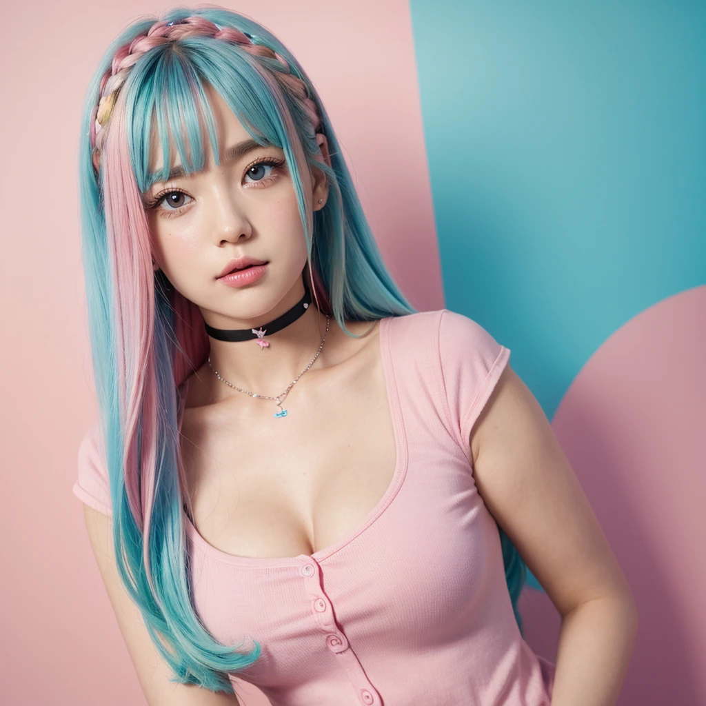 medium breasts, (curvy), cute, eyelashes, pastel,1girl, solo, long hair, looking at viewer, blush, simple background, shirt, hair ornament, collarbone, upper body, heart, parted lips, choker, star (symbol), symbol-shaped pupils, aqua hair, heart-shaped pupils, pink background, pink shirt, star hair ornament, multicolored eyes, food-themed hair ornament, colorful, multicolored shirt, pastel colors,