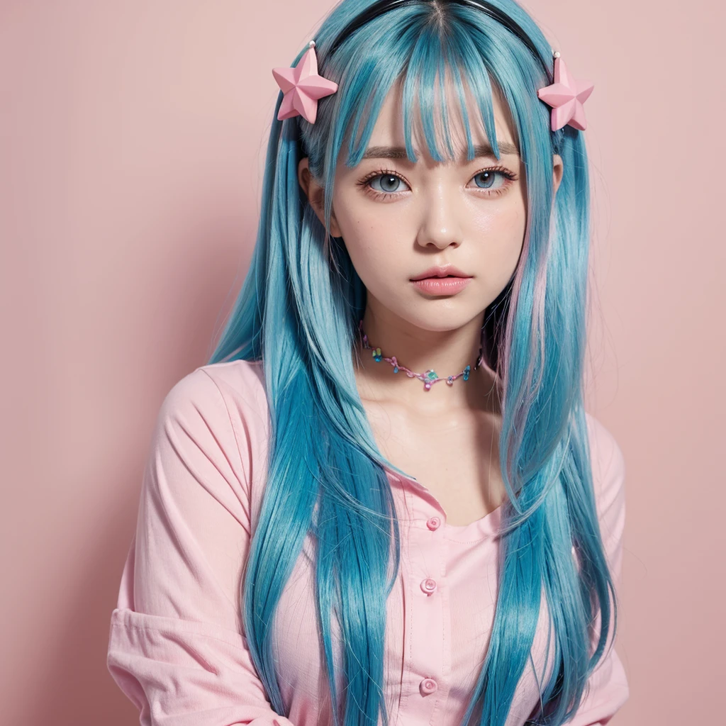 medium breasts, (curvy), cute, eyelashes,  pastel,1girl, solo, long hair, looking at viewer, blush, simple background, shirt, hair ornament, collarbone, upper body, heart, parted lips, choker, star (symbol), symbol-shaped pupils, aqua hair, heart-shaped pupils, pink background, pink shirt, star hair ornament, multicolored eyes, food-themed hair ornament, colorful, multicolored shirt, pastel colors,