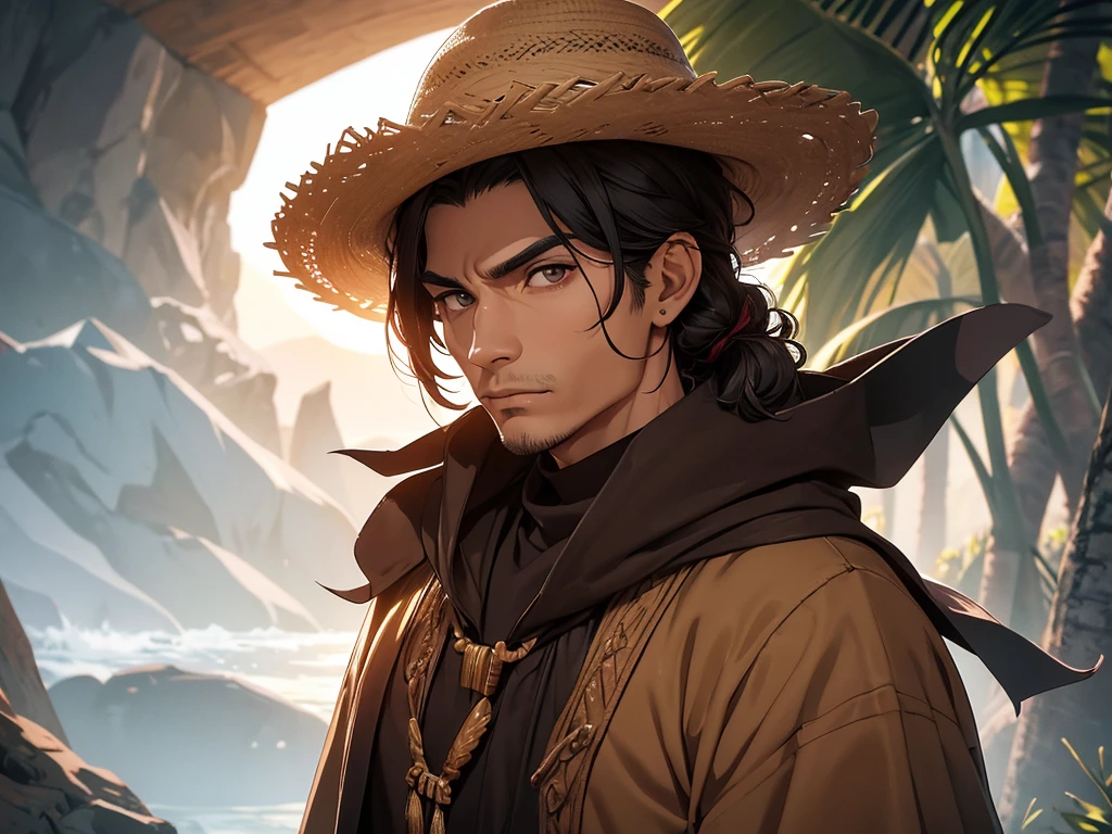 He is an adult indigenous man with Mexican features, and sun-kissed brown skin. His short black hair contrasts with his intense, expressive dark eyes. High, well-defined cheekbones complement his sharply contoured face. His pointed ears add a unique and distinctive detail to his appearance. He exudes a strong, serene presence, deeply connected to his cultural roots, Full body, master piece, perfect face, mexican poncho.