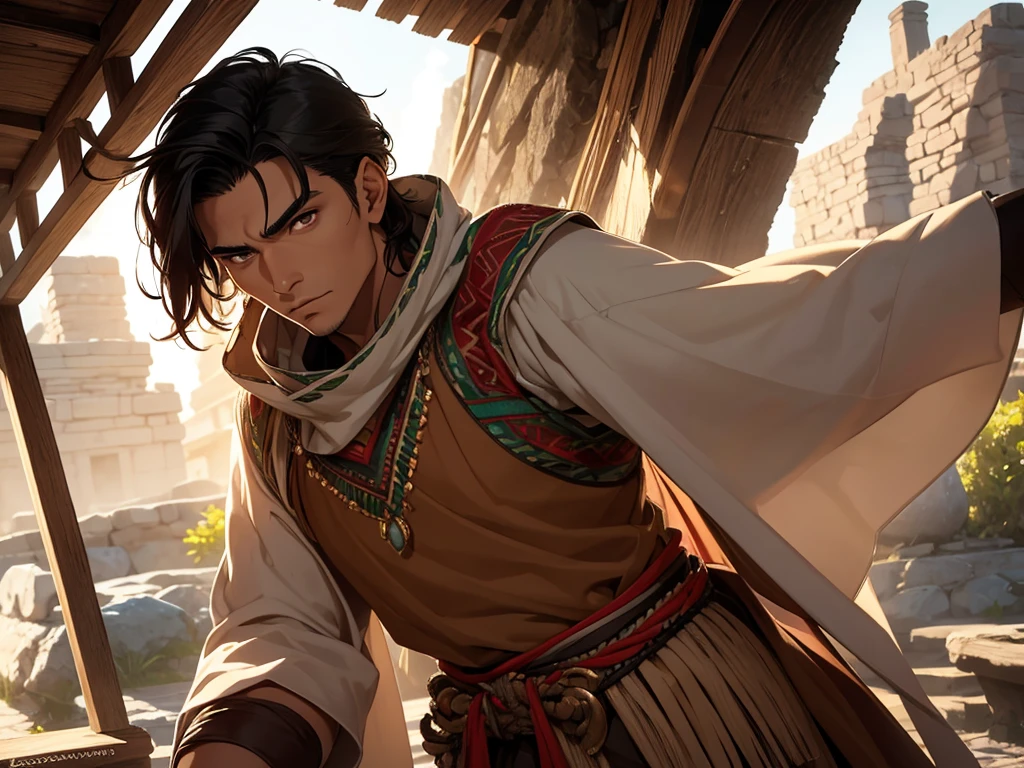 He is an adult indigenous man with Mexican features, and sun-kissed brown skin. His short black hair contrasts with his intense, expressive dark eyes. High, well-defined cheekbones complement his sharply contoured face. His pointed ears add a unique and distinctive detail to his appearance. He exudes a strong, serene presence, deeply connected to his cultural roots, Full body, master piece, perfect face, mexican poncho.