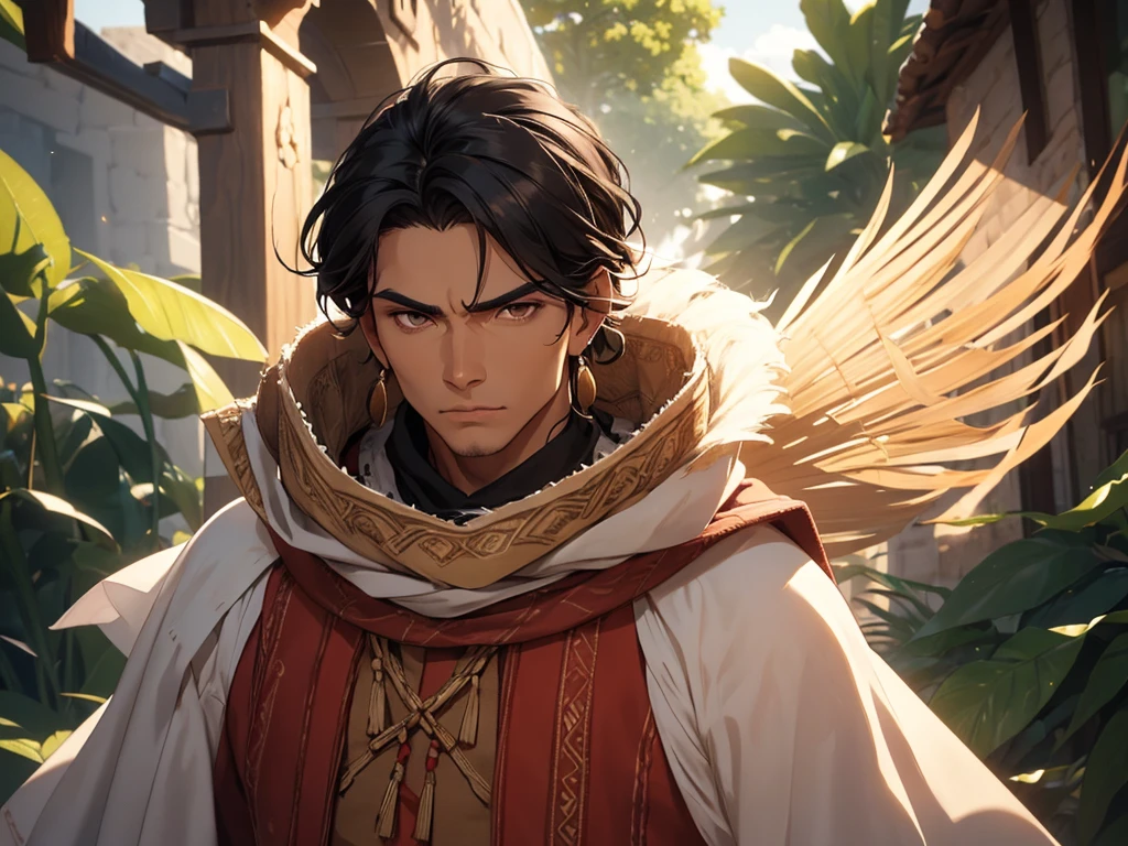 He is an adult indigenous man with Mexican features, and sun-kissed brown skin. His short black hair contrasts with his intense, expressive dark eyes. High, well-defined cheekbones complement his sharply contoured face. His pointed ears add a unique and distinctive detail to his appearance. He exudes a strong, serene presence, deeply connected to his cultural roots, Full body, master piece, perfect face, mexican poncho.