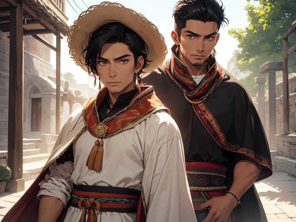 He is an adult indigenous man with Mexican features, and sun-kissed brown skin. His short black hair contrasts with his intense, expressive dark eyes. High, well-defined cheekbones complement his sharply contoured face. His pointed ears add a unique and distinctive detail to his appearance. He exudes a strong, serene presence, deeply connected to his cultural roots, Full body, master piece, perfect face, mexican poncho.