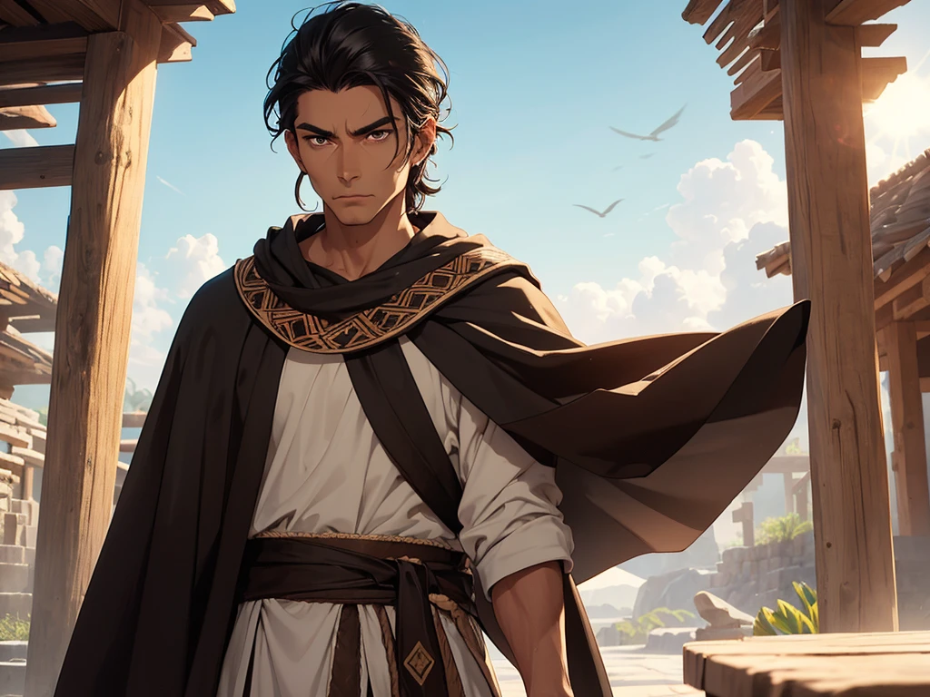 He is an adult indigenous man with Mexican features, and sun-kissed brown skin. His short black hair contrasts with his intense, expressive dark eyes. High, well-defined cheekbones complement his sharply contoured face. His pointed ears add a unique and distinctive detail to his appearance. He exudes a strong, serene presence, deeply connected to his cultural roots, Full body, master piece, perfect face, mexican poncho.