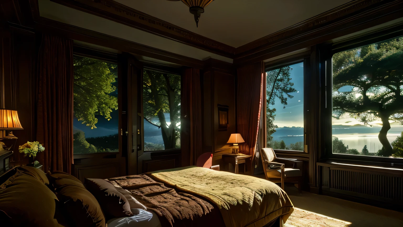 Room with a bed, a large window in its bedroom and a moonlit landscape, surreal, otherworldly, illustration of a supernatural scene depicting a huge crystal tree full body, highly detailed and magical lighting, beautiful moonlit night, intricate forest details, surrounding vegetation and river, solarpunk, landscape, huge tree, beautiful leaves with beautiful lighting and realistic proportions, like a movie background, 8k, top quality, masterpiece, sky with clouds and stars. A large moon in the background, a cinematic moonlit night with a stream flowing in that forest, mysterious and cinematic.