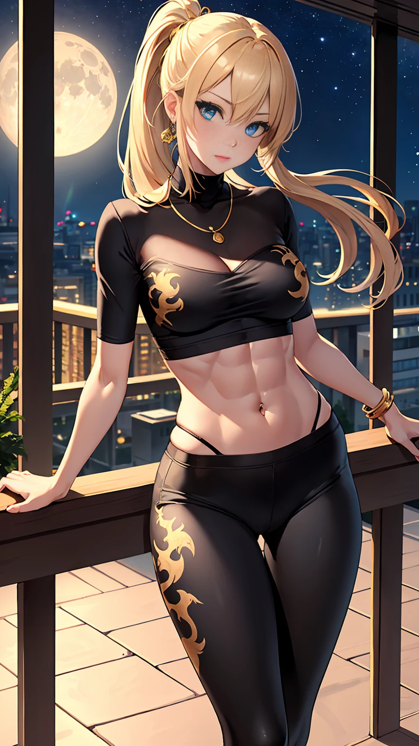 Beautiful woman with mid straight ponytail blond hair with blue eyes wearing an Black Tight Leggings With Golden Dragon Prints, a Royal Blue Sexy Criss Cross Mock Neck Mid Sleeves Blouse With Phoenix Prints, luxurious jewelry and a luxurious necklace, 18k gold wedding ring on left hand, fighting in a beach at night, (caucasian skin), (light brown lipstick), (elegant mascara), (slim body with abs), (small breasts), (wide hips), midjourney, <lora:GoodHands-, <lora:GoodLegs-, UHD, high resolution, (masterpiece:1.1, best quality), (expressive eyes, perfect face, full body, expressive face, perfect body, perfect pussy, athletic, fit, slim body, blushing, Perfect makeup, eyeliner, beautiful eyelashes, smiling, horny face), ((best illumination, best shadows)), ((fight pose)),