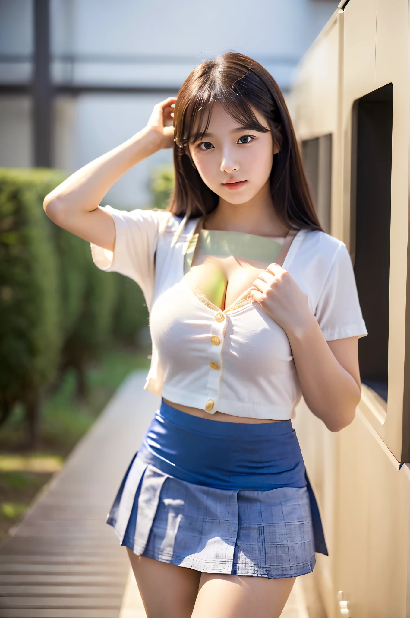 (((Roll up the skirt yourself)))、(((Lift your skirt yourself)))、(((Lifting her skirt to show her )))、((A very cute face like an idol))、(A 20-year-old woman with a young-looking face)、Cleavage、Genuine、High quality that is indistinguishable from real life、realism、Real Stick、High resolution、masterpiece