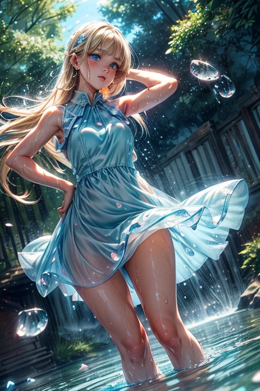 ((full body)),(((Dutch angle))), (((cute face))),(((arms at hip))), blunt bangs, sideburns, blonde hair, red ribbons, glossy hair, straight hair, long hair,(((blue eyes))), freckles, blushed:1.5, charming, floating, top quality, best quality, 8k, 16k, (flowered dress), dress:1.5),(sleeveless dress:1.5), outdoors at park, blue skies, flowers floating around, lens flares, ((( many water drops floating))), (((petals floating))), (((frost floating everywhere))),(((translucid dress))),(((wet dress))), long legs