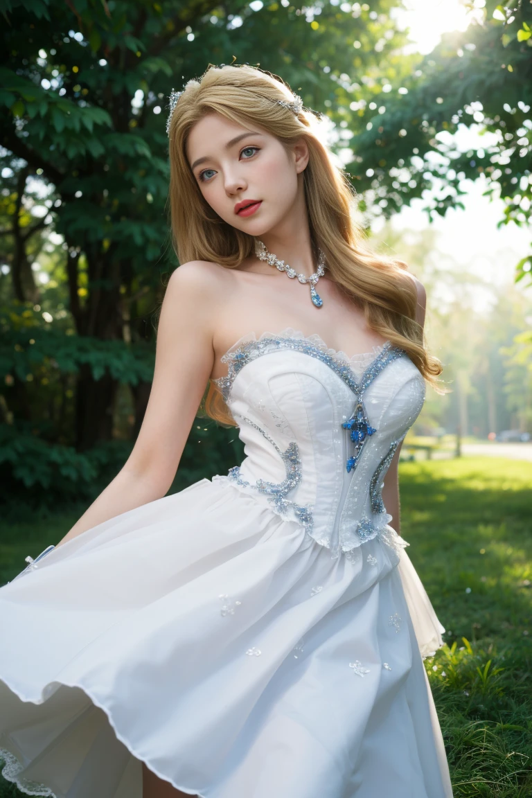 best quality, tmasterpiece,Ultra-high resolution,Clear face,(Reality:1.4),ferpect lighting,(upper body shot:1.5), (photorealistic:1.50), anime wallpaper, Guviz style artwork, cover-up fantasy up to magic , by Yang J, Guviz, beautiful artwork illustration, beautiful digital artwork, beautiful digital illustration, Li Song, beautiful anime portrait, art style in Beauvot,1girl,oddete ml, blue_eyes,(blonde hair:1.5), (hair ornament:1.3),blush,dress,field,from_side,hair_decoration,lens_flare,looking_at the viewer,closed_mouth,outdoors,short_dress,long_hair,shoulder_skirt,hold_skirt,sleeveless,sleeveless_dress , 独奏, standing, rope_slit, evening dress, white_dress,