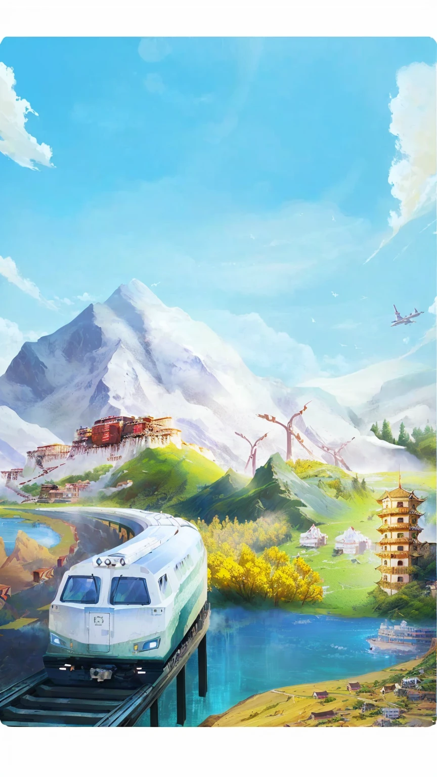 painting of a train traveling down tracks near a mountain range, illustration matte painting, environment design illustration, environmental concept art, a beautiful artwork illustration, cinematic silk road lanscape, environment painting, optimistic matte painting, fantasy matte painting,cute, scenery game concept art, game art matte painting, detailed scenery —width 672, concept art. epic landscape,Exquisite