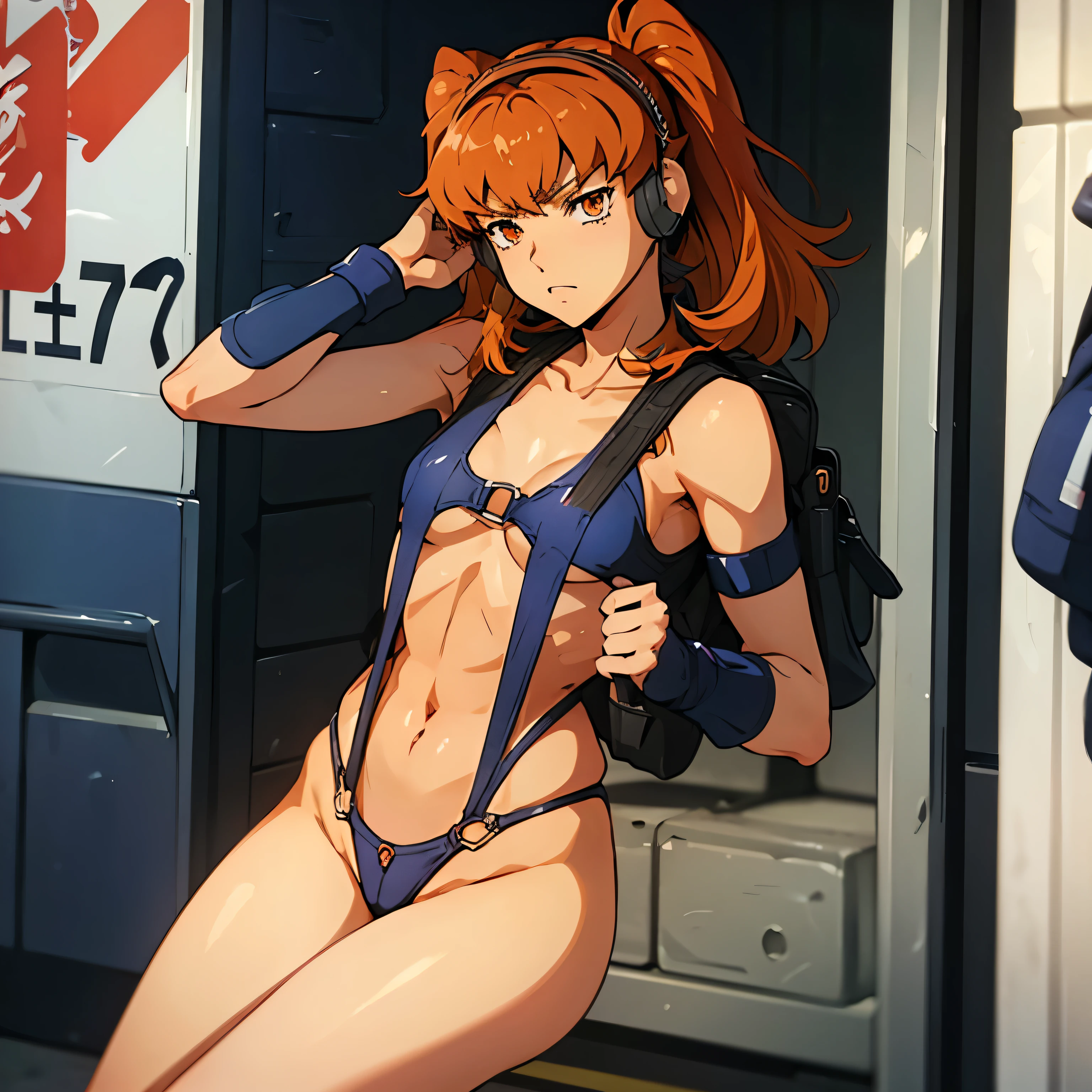 mperial Guard Combat Uniform Swimsuit, o-ring bikini, v gundam, swimsuit, absurdres, highres, solo, cowboy shot, 1girl, neneka nibrou \(cosplay\), wristband, headphone, holster, backpack, holding gun, aiming, perfect hands, wind, (highres,best_quality,masterpiece), small breast, srw_bertha, twin tails, orange hair, orange eyes,