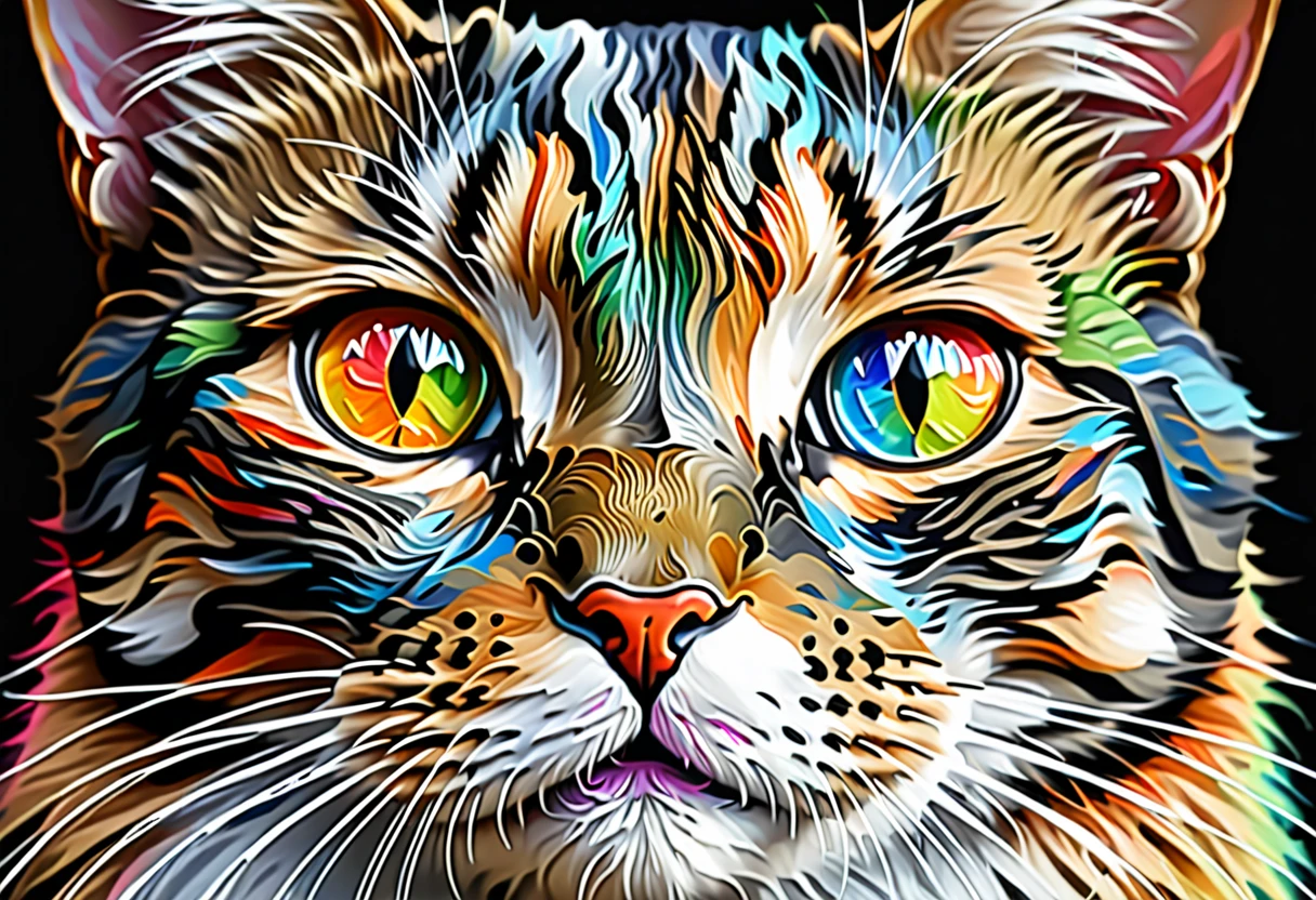 painting of a Cat with a colorful face and eyes, Digital Painting Very detailed, Very detailed Digital Painting, Cat. Digital Painting, 4k Very detailed Digital Art, Beautiful Art UHD 4K, Detailed painting 4k, Very detailed Digital Art, Digital Art. Very detailed, Very detailed Digital Artwork, beautiful Digital Artwork, 4k detailed Digital Art