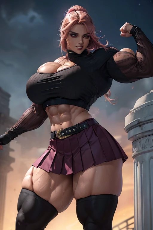 ((((Massive tall, beautiful, buff, sweating, light brown skinned muscular woman with shocking pink hair, black lipstick, ginormous bulky muscles and wearing a beautiful black long-sleeved blouse with a beautiful pleated skirt)))), (close view), massive muscle, massive biceps, hyper muscle shoulders, massive muscle arms, vascular shoulders, hyper muscle triceps, (angled bob cut), (beautiful black long-sleeved blouse with a belt), red eyes, gloves, choker, (beautiful black pleated skirt), (thigh high socks), boots, in a school rooftop, confidant smile, night, hyper vascular arm, hyper muscles arms, hyper muscle legs, massive arms