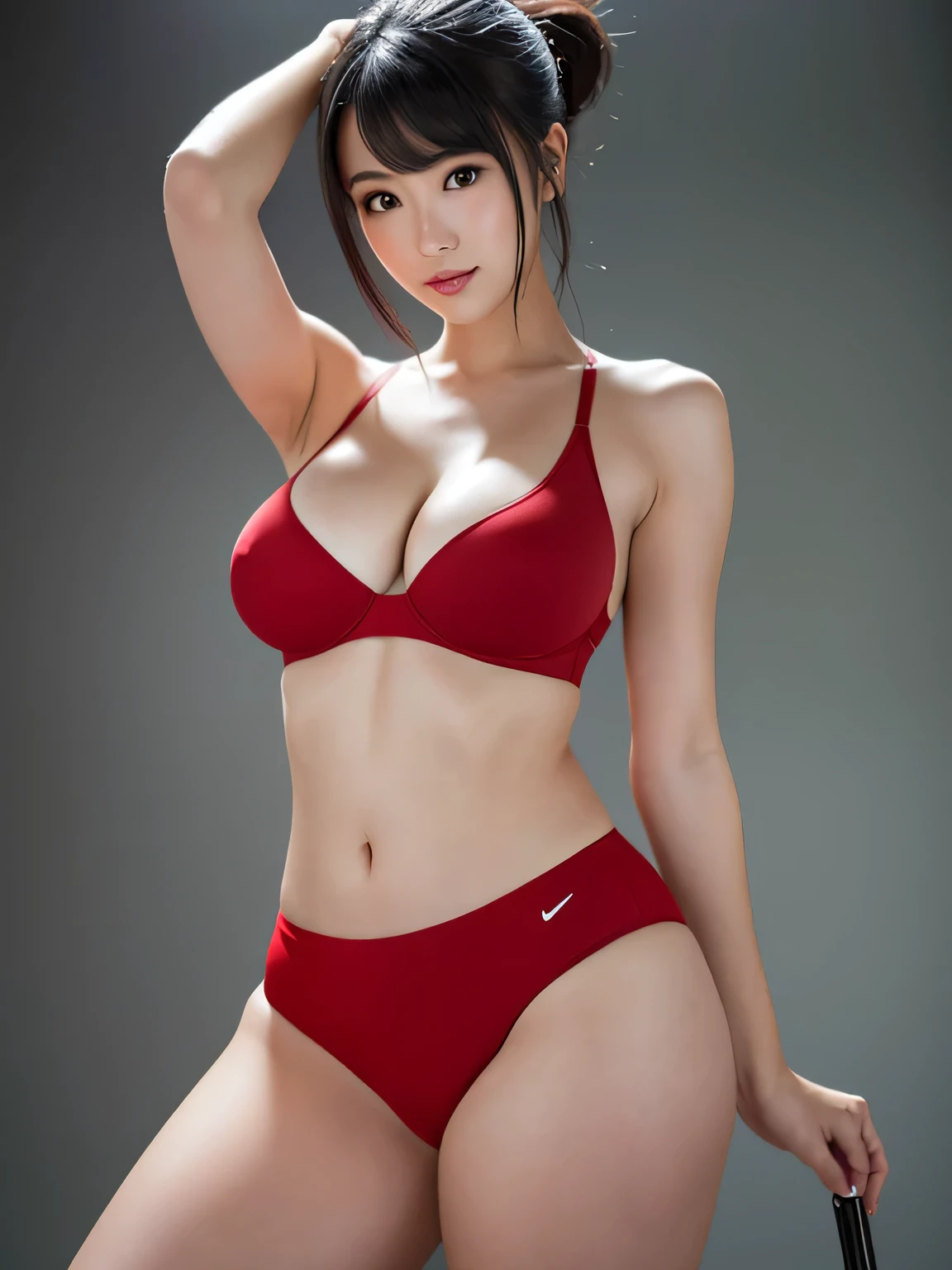 (((One girl:1.5, alone))), Photos of very cute and beautiful Japanese women, (sexy model), Professional attire, (22 years old: 1.1), Portrait of a cheerful smiling girl, Upper body image, When viewed from the front, The composition is symmetrical, (Looking straight at you, Are standing, Leaning forward:1.2, sexy model pose), BREAK, (shiny fine hair: 1.2), (Bob Ponytail:1.3), Dark brown eyes, Beautiful Eyes, Princess Eyes, ((Black Hair:1.3)), A single hair, bangs, Hair between the eyes, Long Hair, curve, Abdominal muscles, perfect Abdominal muscles, (Huge breasts;1.37, Large Breasts:1.37, Large Breasts Cleavage:1.37), (Narrow waist: 1.15), (Detailed beautiful girl: 1.4), Part your lips, Red lips, (Shiny skin), ((Perfect female body)), (Upper body image:1.3), Encircling the head, Perfect Anatomy, Perfect proportions, 8.5 Life-size, Face Focus, BREAK, (Bare shoulders, Chest tightness, Show Viewer, (Red high leg bloomers:1.4), BREAK, (Japanese izakaya detailed background:1.2), (Studio Lighting: 1.3), (Cinematic lighting: 1.3), (Backlight: 1.3), Dim lighting, Full body lighting, BREAK, (Realistic, Realistic: 1.37), (masterpiece, Highest quality: 1.2), (Ultra-high resolution: 1.2), (RAW Photos: 1.2), (Sharp focus: 1.3), (Face Focus: 1.2), (Ultra High Definition CG Integrated 8K Wallpaper: 1.2), (Beautiful Skin: 1.2), (Pale skin: 1.3), (Hyper Sharp focus: 1.5), (Ultra Sharp focus: 1.5), ( Beautiful pretty face: 1.3), (Highly detailed background, Detailed Background: 1.3), Ultra Realistic Photo, Ultra-sharp images, Hyper-detail image