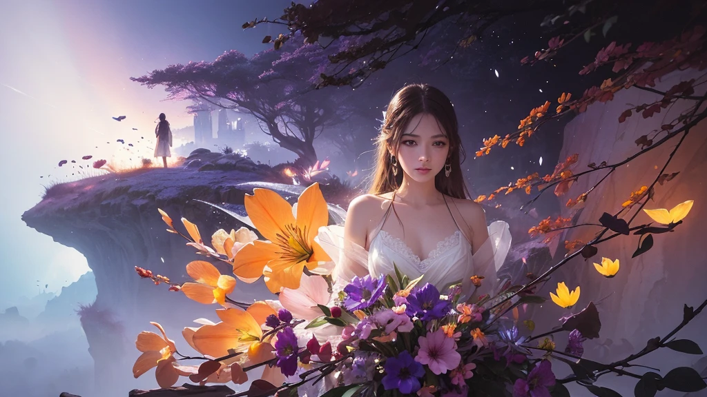 32k, Masterpiece, Highest quality, One girl, Detailed eyes, flower,Alstroemeria, White and orange style,A dreamy, romantic piece,Pale purple, Mysterious Leaves,A playful arrangement,Fantasy,High Contrast,Ink strokes,explosion,Exposure, Impression of white and orange tones,Abstract,((Watercolours by John Berkey and Jeremy Mann )) Brush strokes,Negative Space, Tyndall effect,