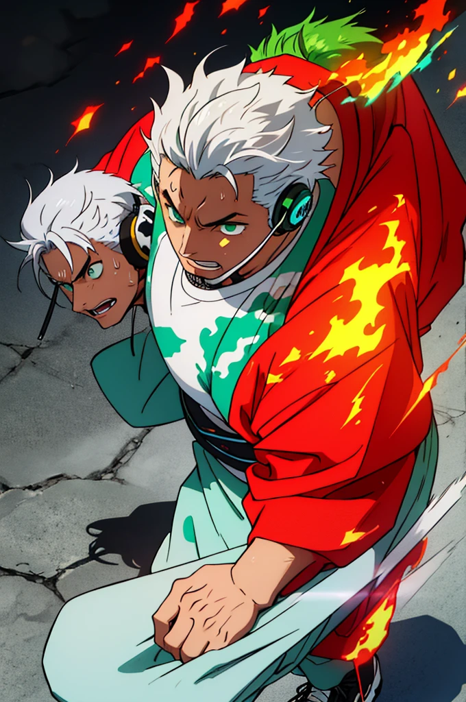naughty man, appearance of 16 years, big hair tied samurai style with white hair with water green tips, wearing a white sweatshirt with a cyan fire style print on the edge of the waist, Wearing Headphones, slanted eyes, moss green eyes, Cao Cao, smart, wearing camouflage style sweatpants, wearing tennis shoes, with perfect details of light and shadow, in 8K quality, with small rays in the form of energy (might) white and red color around its body.
