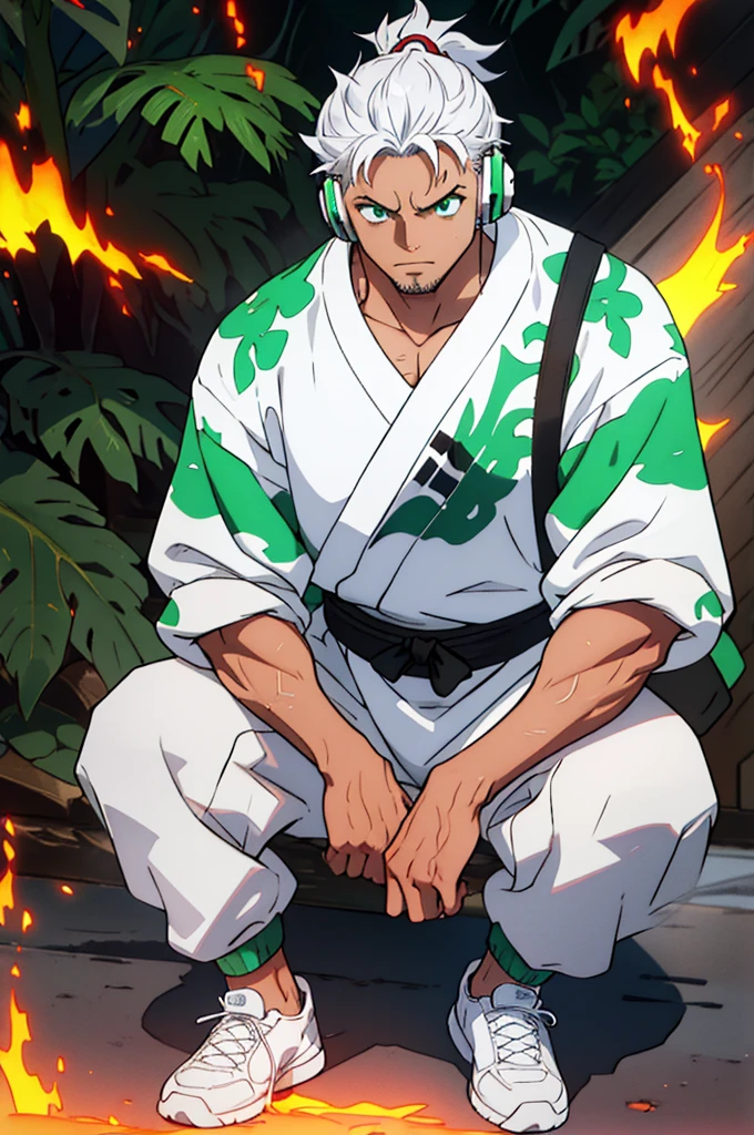 naughty man, appearance of 16 years, big hair tied samurai style with white hair with water green tips, wearing a white sweatshirt with a cyan fire style print on the edge of the waist, Wearing Headphones, slanted eyes, moss green eyes, Cao Cao, smart, wearing camouflage style sweatpants, wearing tennis shoes, with perfect details of light and shadow, in 8K quality, with small rays in the form of energy (might) white and red color around its body.