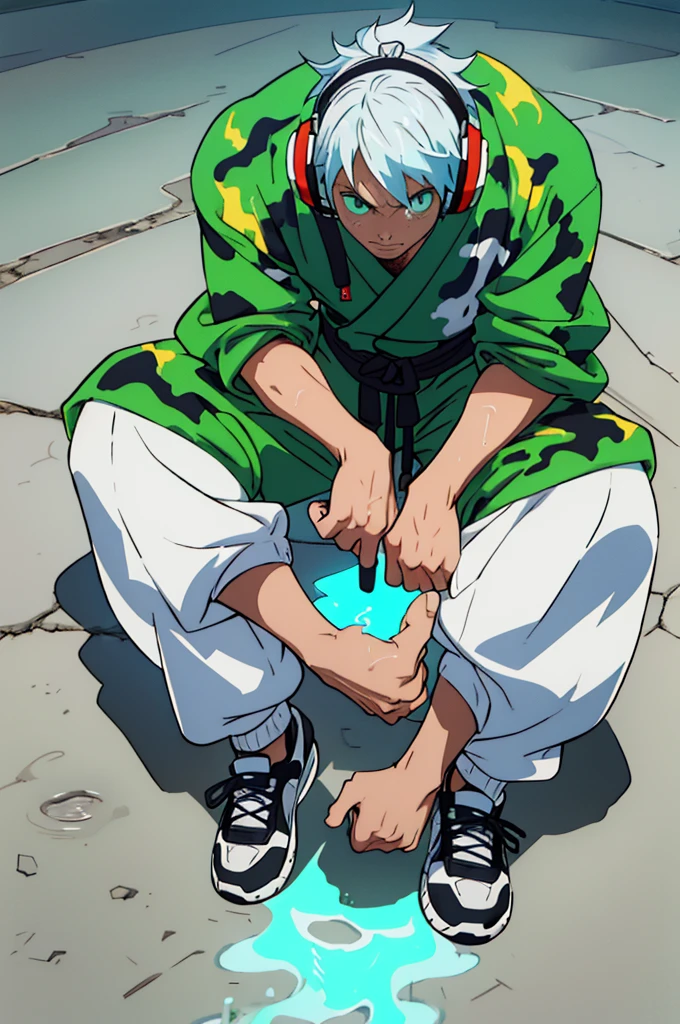 naughty man, appearance of , big hair tied samurai style with white hair with water green tips, wearing a white sweatshirt with a cyan fire style print on the edge of the waist, Wearing Headphones, slanted eyes, moss green eyes, Cao Cao, smart, wearing camouflage style sweatpants, wearing tennis shoes, with perfect details of light and shadow, in 8K quality, with small rays in the form of energy (might) white and red color around its body.