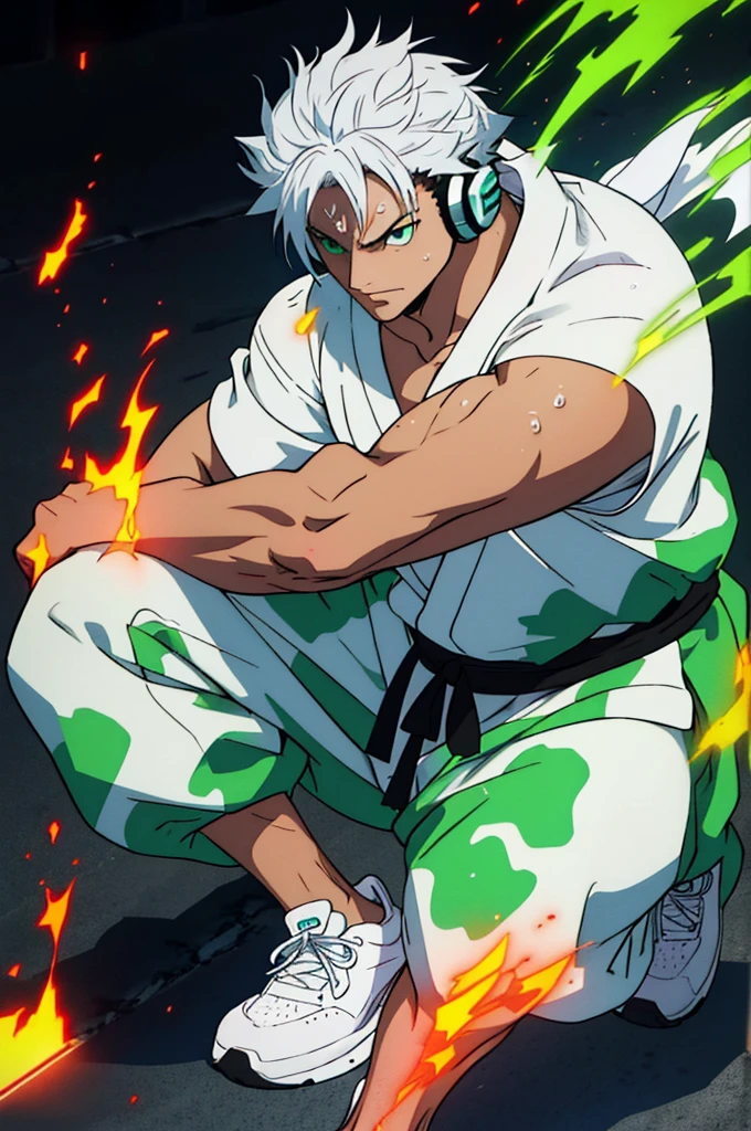 naughty man, appearance of 16 years, big hair tied samurai style with white hair with water green tips, wearing a white sweatshirt with a cyan fire style print on the edge of the waist, Wearing Headphones, slanted eyes, moss green eyes, Cao Cao, smart, wearing camouflage style sweatpants, wearing tennis shoes, with perfect details of light and shadow, in 8K quality, with small rays in the form of energy (might) white and red color around its body.