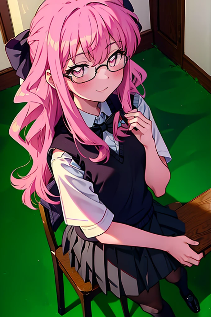 {{masterpiece}},{{Highest quality}},{{High resolution}},{{Caustics}},{{Familiar}},blush,
 smile,Louise Françoise Le Brun de La Valliere,Akabuchi Glasses,hair band,Pink Hair,Pink Eyes, 黒break skirt, shirt, bow, ribbon, , white shirt, Short sleeve, Pleated skirt, collared shirt, mini skirt, bowtie, 黒いloafers , Black Skirt, Black pantyhose, loafers, green bow, (pink sweater vest:1.5),,classroom,Sit on a chair,whole body,(Cowboy Shot:1. 5),break (masterpiece:1.2), Highest quality, High resolution, unity 8k wallpaper, (shape:0.8), (Fine and beautiful eyes:1.6), Highly detailed face, Perfect lighting, Highly detailed CG, (Perfect hands, Perfect Anatomy),