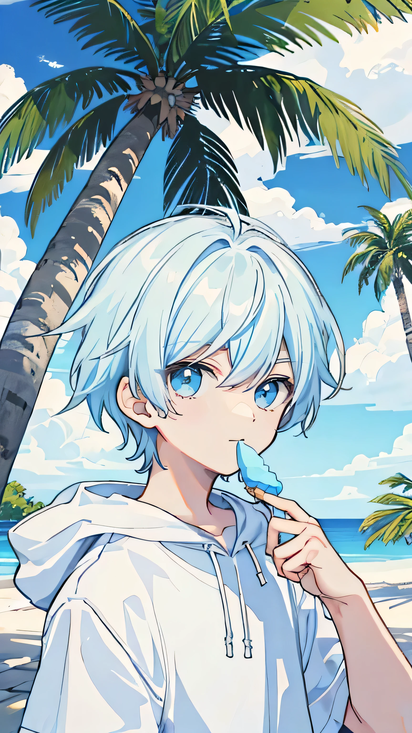 1 boy, white ice cream head, Cute face, summer palm tree background