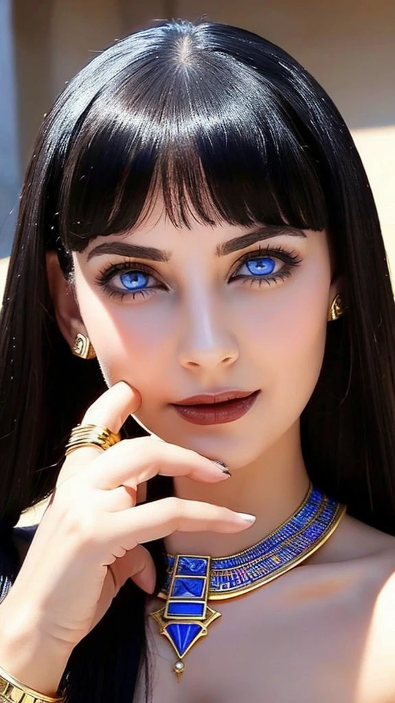 Cleopatra of Egypt blue eyes evil face she is beautiful she has big breasts Egyptian accessories on her face white skin rosy nose short black hair hand on her mouth looks sexy she has a dark look perfect smile she has dark eyes and perfect fingers she the sun shining on one side of the face and shadow on the other side of the face